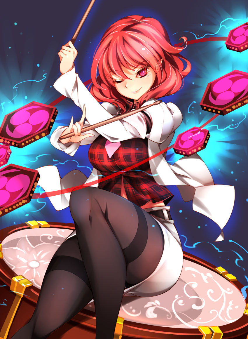1girl \m/ absurdres arm_garter arm_strap arm_up belt beltskirt black_belt black_legwear breasts check_commentary collared_shirt commentary_request drum drum_set drumsticks ears_visible_through_hair eyelashes feet_out_of_frame glowing hands_up high_collar highres horikawa_raiko instrument jacket juliet_sleeves large_breasts leg_up light_particles lightning long_sleeves looking_at_viewer midriff_peek mitsudomoe_(shape) necktie one_eye_closed outline pantyhose pink_neckwear plaid plaid_shirt pointy_ears puffy_sleeves raptor7 red_eyes red_shirt redhead shirt short_hair simple_background sitting_on_drum skirt skirt_set smirk smug solo suit_jacket taiko_drum tomoe_(symbol) touhou white_jacket white_skirt wing_collar