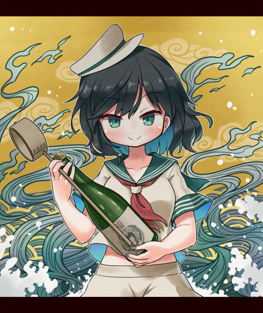 1girl aqua_eyes aqua_nails arinu black_hair blush bottle eyebrows_visible_through_hair hat highres hishaku holding holding_bottle holding_ladle ladle letterboxed looking_at_viewer midriff murasa_minamitsu nail_polish neckerchief red_neckwear sailor_collar shirt short_sleeves smile solo touhou water waves white_headwear