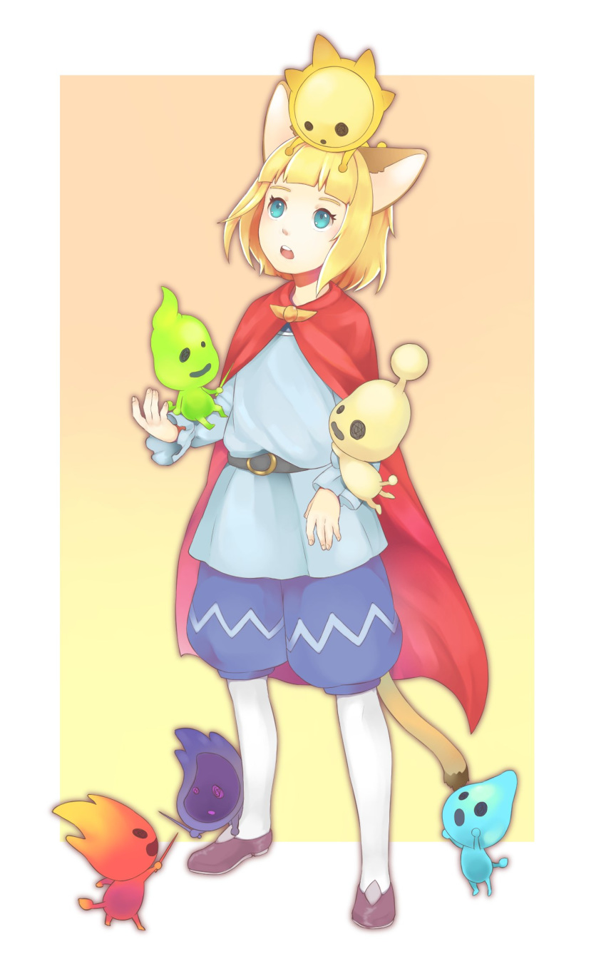 1boy animal_ears bangs belt blonde_hair blue_eyes bob_cut cape cat_boy cat_ears creature evan_pettiwhisker_tildrum fairy_(ni_no_kuni) highres hrtr_irir male_focus ni_no_kuni_ii pantyhose shorts solo white_legwear