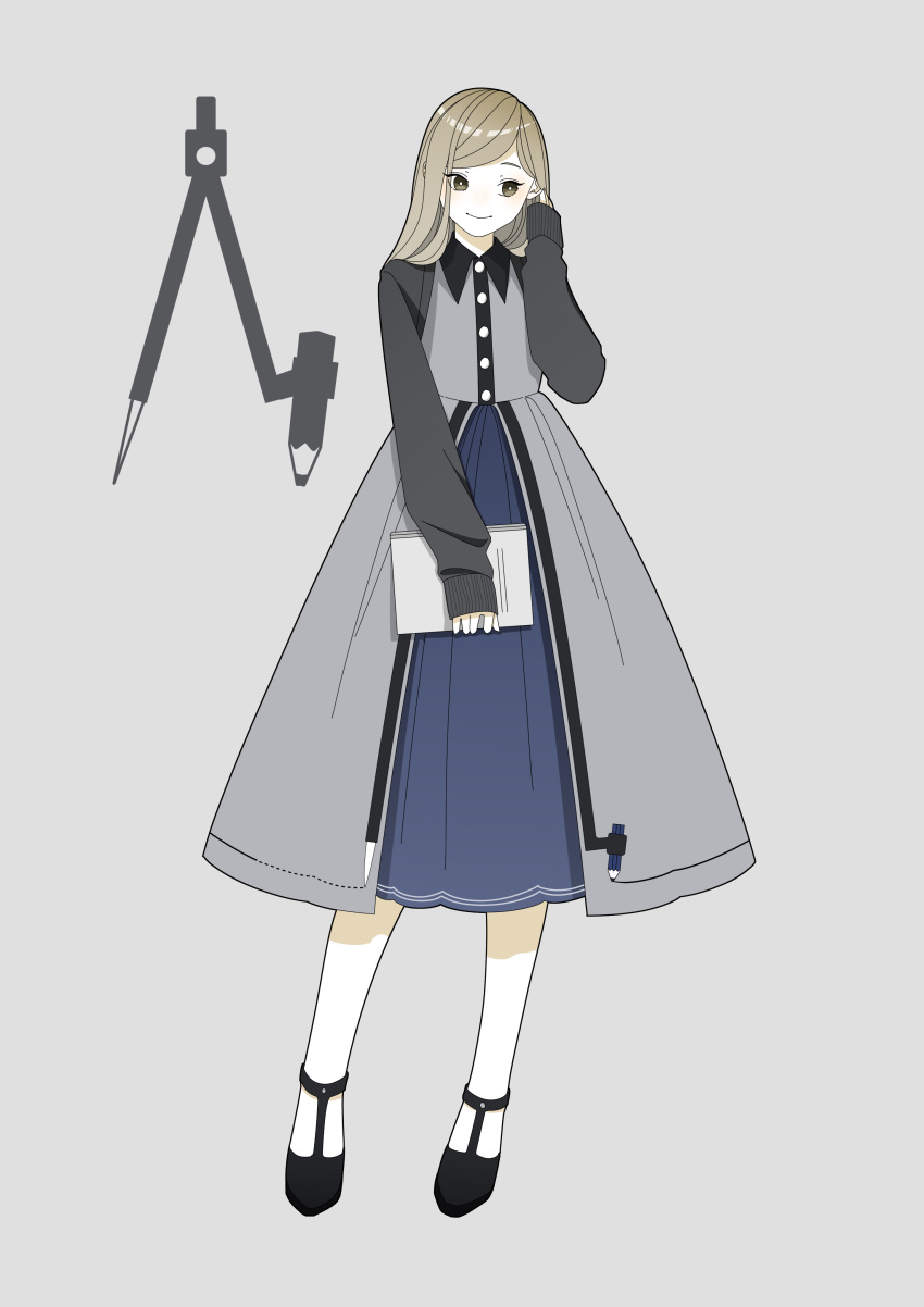 1girl absurdres black_footwear blush book brown_eyes brown_hair closed_mouth compass_(instrument) dress eyes_visible_through_hair grey_background grey_dress hanatsuki highres holding holding_book long_hair original personification simple_background sleeves_past_wrists smile solo