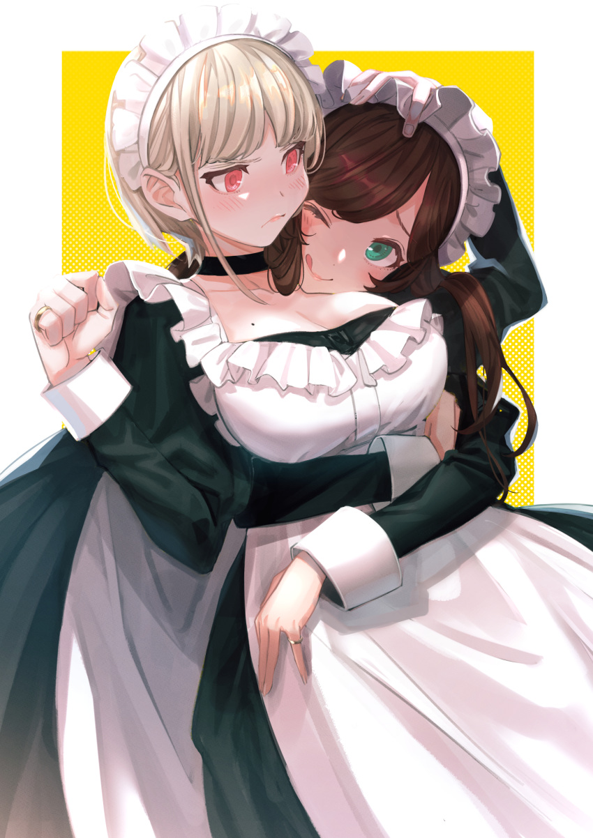 2girls ;q apron arm_up bangs black_choker blush breasts brown_hair choker collarbone commentary_request dress frilled_apron frills frown green_dress green_eyes hand_up highres hug hug_from_behind jewelry large_breasts long_sleeves looking_at_another looking_at_viewer maid maid_apron maid_dress maid_headdress mole mole_on_breast multiple_girls one_eye_closed original red_eyes ring tongue tongue_out two-tone_background white_background yellow_background yoiyoi_uruu yuri