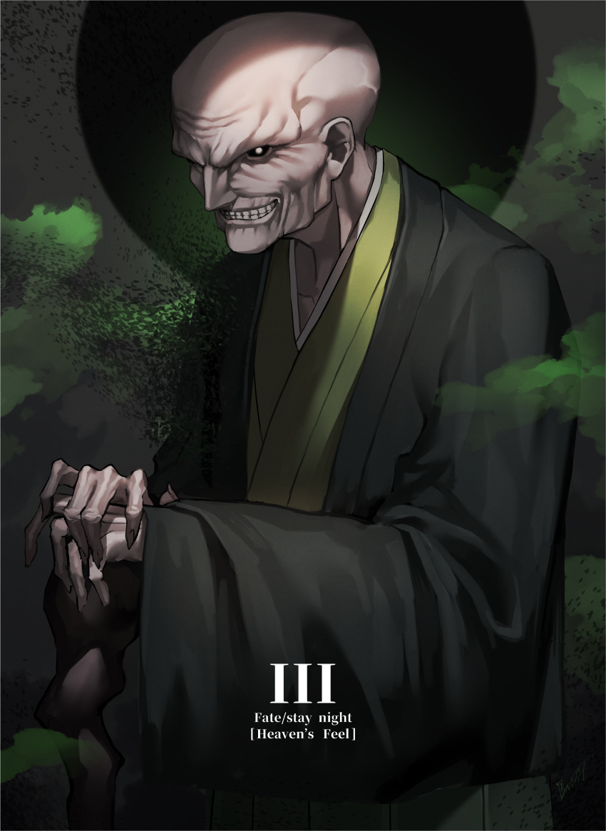 1boy absurdres bald black_kimono black_sclera bug collarbone commentary_request copyright_name evil_grin evil_smile fate/stay_night fate_(series) fingernails green_kimono grey_eyes grin highres insect japanese_clothes kamonegi_(meisou1998) kimono long_sleeves looking_at_viewer male_focus matou_zouken old_man sharp_fingernails smile solo teeth wide_sleeves wrinkled_skin