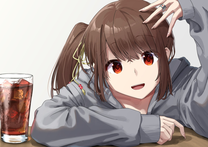 1girl bangs brown_hair close-up collarbone cup drink eyebrows_visible_through_hair fingernails grey_jacket hair_ribbon hand_on_own_head hood hoodie ice jacket jewelry leaning_on_table long_fingernails long_hair long_sleeves looking_at_viewer magia_record:_mahou_shoujo_madoka_magica_gaiden mahou_shoujo_madoka_magica noeru open_mouth orange_eyes ponytail ribbon ring side_ponytail sleeves_past_wrists smile solo table teeth yellow_ribbon yui_tsuruno