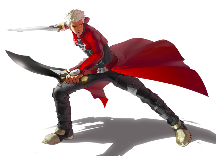 ame_(artist) ame_(conronca) archer boots dual_wielding fate/stay_night fate_(series) kanshou_&amp;_bakuya male red_eyes solo sword weapon white_hair