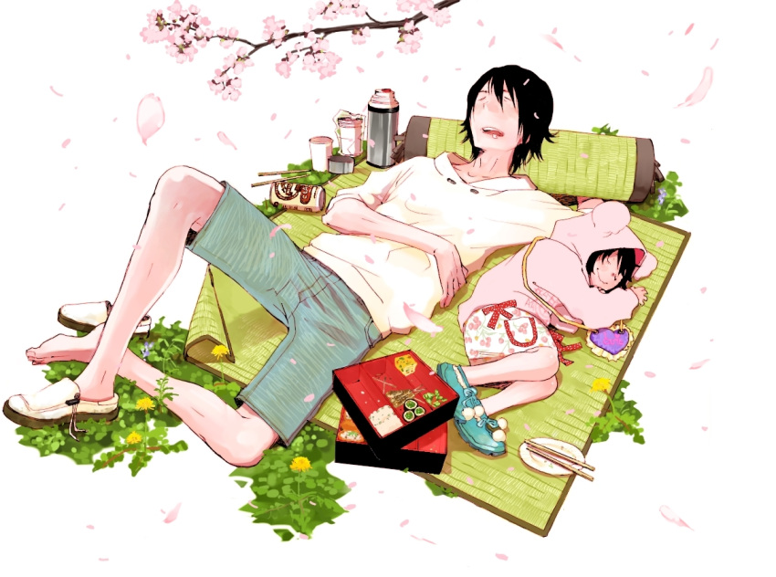 bear_ears cherry_blossoms dandelion flower hanami hoodie obento obentou outdoors picnic sleeping tatami
