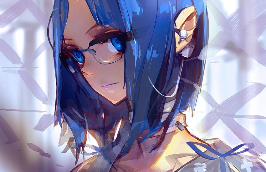 blue_hair earpiece glasses original panamaman ribbon smile