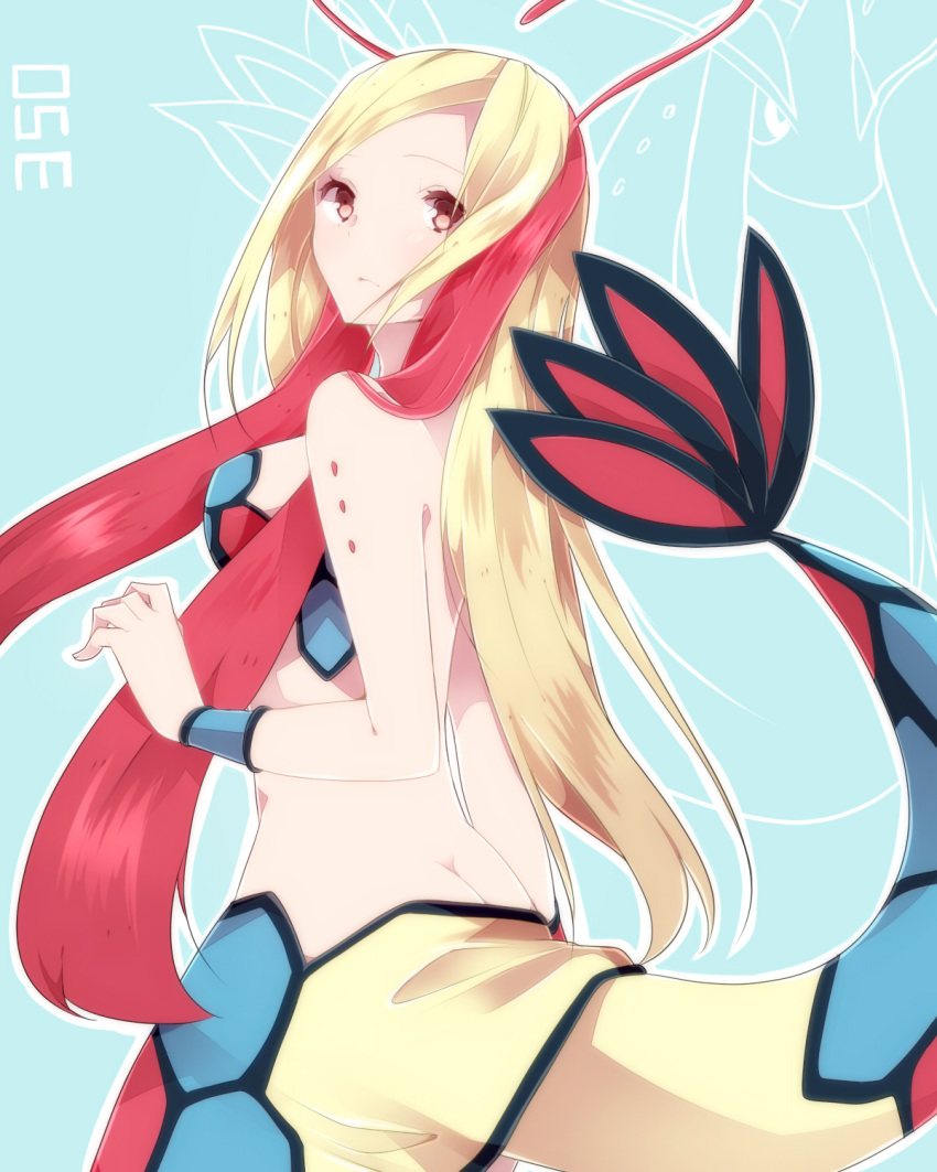 1girl antennae blonde_hair blue_background breasts butt_crack highres long_hair looking_back milotic multicolored_hair personification pink_hair pokemon red_eyes solo tail takeshima_(nia) two-tone_hair