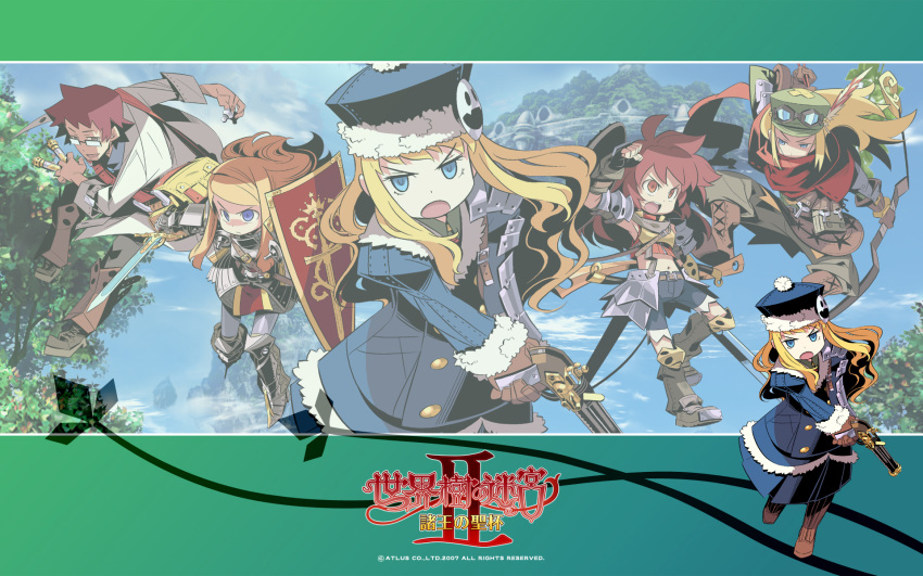 :d :o angry annotated arm_up armor armpits arrow bag bandages bangs belt belt_pouch bike_shorts blonde_hair blue_eyes boots bow_(weapon) clenched_hand cloud coat crop_top etrian_odyssey everyone fantasy feathers fighting_stance fingerless_gloves flat_chest frown game gauntlets glasses gloves goggles goggles_on_head gradient gradient_background greaves gun gunner handgun hat highres himukai_yuuji holding jack_frost jumping knee_boots labcoat letterboxed lineup long_hair medic medic_(sekaiju) midriff multiple_girls official official_art open_mouth outdoors paladin_(sekaiju) payot pink_eyes pink_hair pouch ranger ranger_(sekaiju) satchel scarf sekaiju_no_meikyuu sekaiju_no_meikyuu_2 sheath shield shin_guards short_hair sky sleeves_rolled_up smile spiked_hair spread_legs standing swept_bangs sword swordsman_(sekaiju) tree wallpaper wavy_hair weapon widescreen