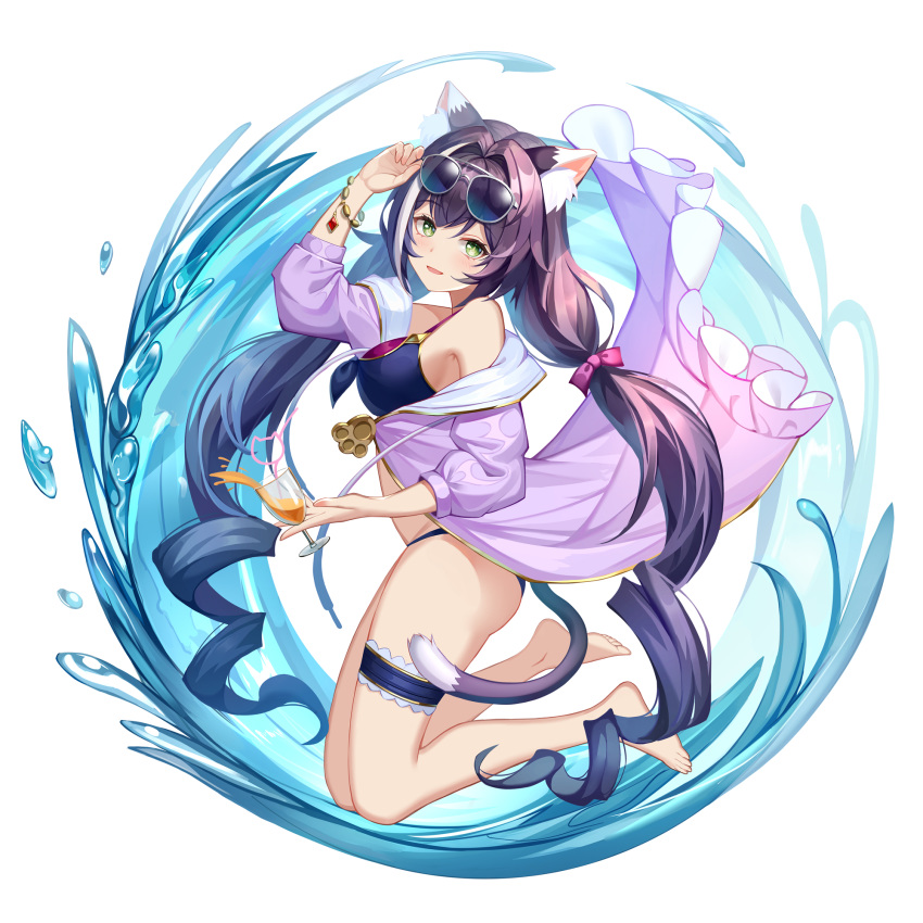 1girl aaeru animal_ear_fluff animal_ears arm_up bare_shoulders barefoot bikini blue_bikini bracelet breasts cat_ears cat_girl cat_tail eyewear_on_head full_body green_eyes hair_intakes hand_on_eyewear highres jacket jewelry karyl_(princess_connect!) long_hair looking_at_viewer low_twintails medium_breasts multicolored_hair off_shoulder open_clothes open_jacket open_mouth princess_connect! princess_connect!_re:dive purple_hair purple_jacket smile solo streaked_hair string_bikini sunglasses swimsuit tail thigh_strap thighs twintails very_long_hair water