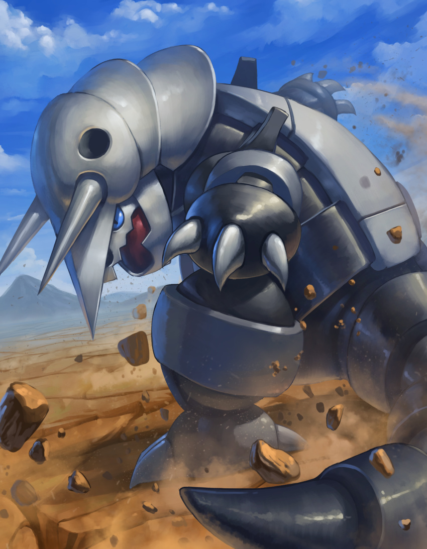 aggron blue_sclera claws clouds commentary_request day gen_3_pokemon highres horns mountain no_humans open_mouth outdoors outstretched_arms pokemon pokemon_(creature) rock sky standing supearibu tongue