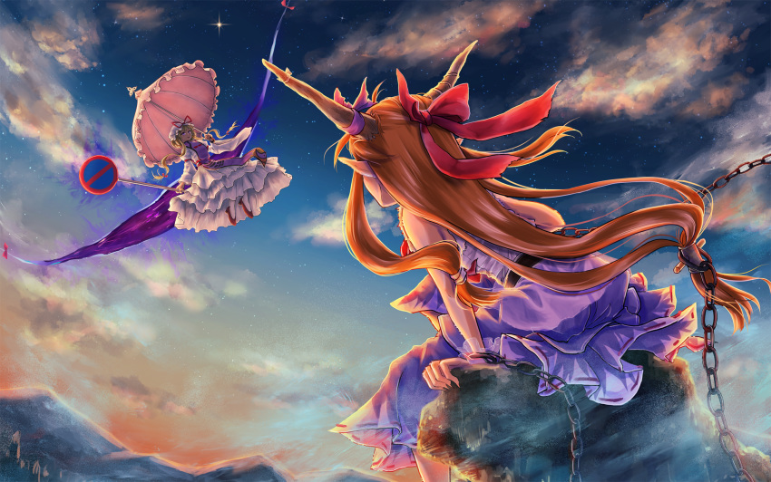 2girls bare_arms blonde_hair chain clouds commentary_request cuffs dress facing_away floating floating_hair from_behind from_below gap_(touhou) gradient_sky hair_ribbon hair_up hat hat_ribbon high_heels highres holding holding_sign horn_ornament horn_ribbon horns ibuki_suika layered_dress long_hair long_sleeves looking_at_another looking_down looking_up low-tied_long_hair mob_cap mountain multiple_girls orange_hair outdoors pantyhose parted_lips partial_commentary pink_umbrella pointy_ears purple_skirt red_footwear ribbon road_sign rock shackles shirt sidelocks sign sitting sitting_on_rock skirt sky sleeveless sleeveless_shirt star_(sky) tabard touhou tress_ribbon trigram twilight umbrella very_long_hair violet_eyes white_dress white_headwear white_legwear wide_sleeves wind wind_lift wrist_cuffs yakumo_yukari yin_yang yukanomokume