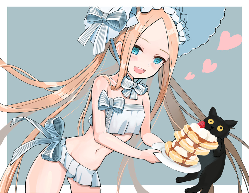 1girl abigail_williams_(fate/grand_order) abigail_williams_(swimsuit_foreigner)_(fate) bangs bare_shoulders bikini black_cat blonde_hair blue_eyes blush bonnet bow breasts cat fate/grand_order fate_(series) food forehead fran_(yuliwei2012) hair_bow highres long_hair looking_at_viewer miniskirt navel open_mouth pancake parted_bangs sidelocks skirt small_breasts smile swimsuit twintails very_long_hair white_bikini white_bow white_headwear