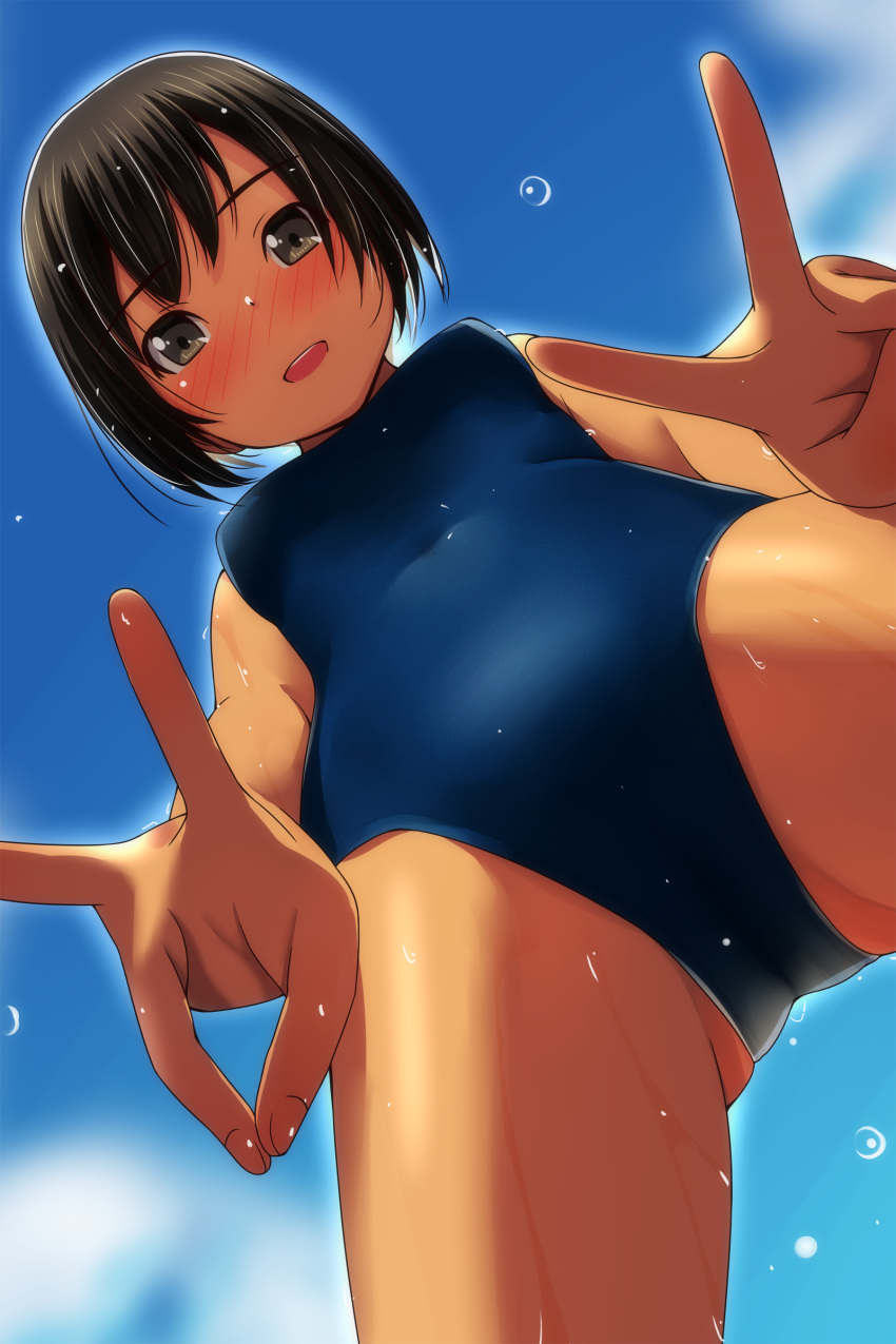 1girl :d absurdres ass_visible_through_thighs bangs bare_arms bare_shoulders black_hair blue_swimsuit blush breasts brown_eyes covered_navel day double_v eyebrows_visible_through_hair from_below highres looking_at_viewer looking_down matsunaga_kouyou nose_blush one-piece_swimsuit open_mouth original outdoors small_breasts smile solo standing swimsuit tan upper_teeth v water_drop
