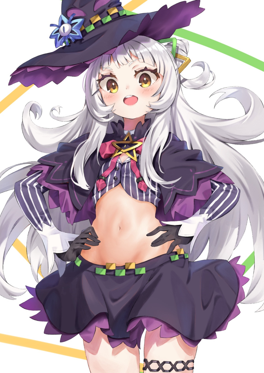 1girl :d anklet black_gloves black_headwear black_skirt bow bowtie capelet cowboy_shot crop_top edmond_suzuki gloves hands_on_hips hat highres hololive jewelry long_hair long_sleeves looking_at_viewer midriff miniskirt murasaki_shion navel open_mouth purple_shirt shirt silver_hair skirt smile solo star_(symbol) stomach striped striped_shirt virtual_youtuber witch_hat yellow_eyes