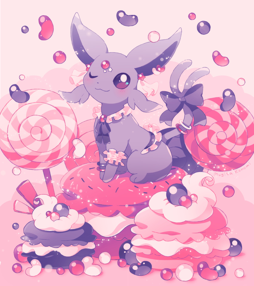 black_bow black_ribbon blush bow candy closed_mouth commentary_request creature espeon food forked_tail gen_2_pokemon highres jippe looking_at_viewer macaron no_humans one_eye_closed pokemon pokemon_(creature) ribbon smile tail