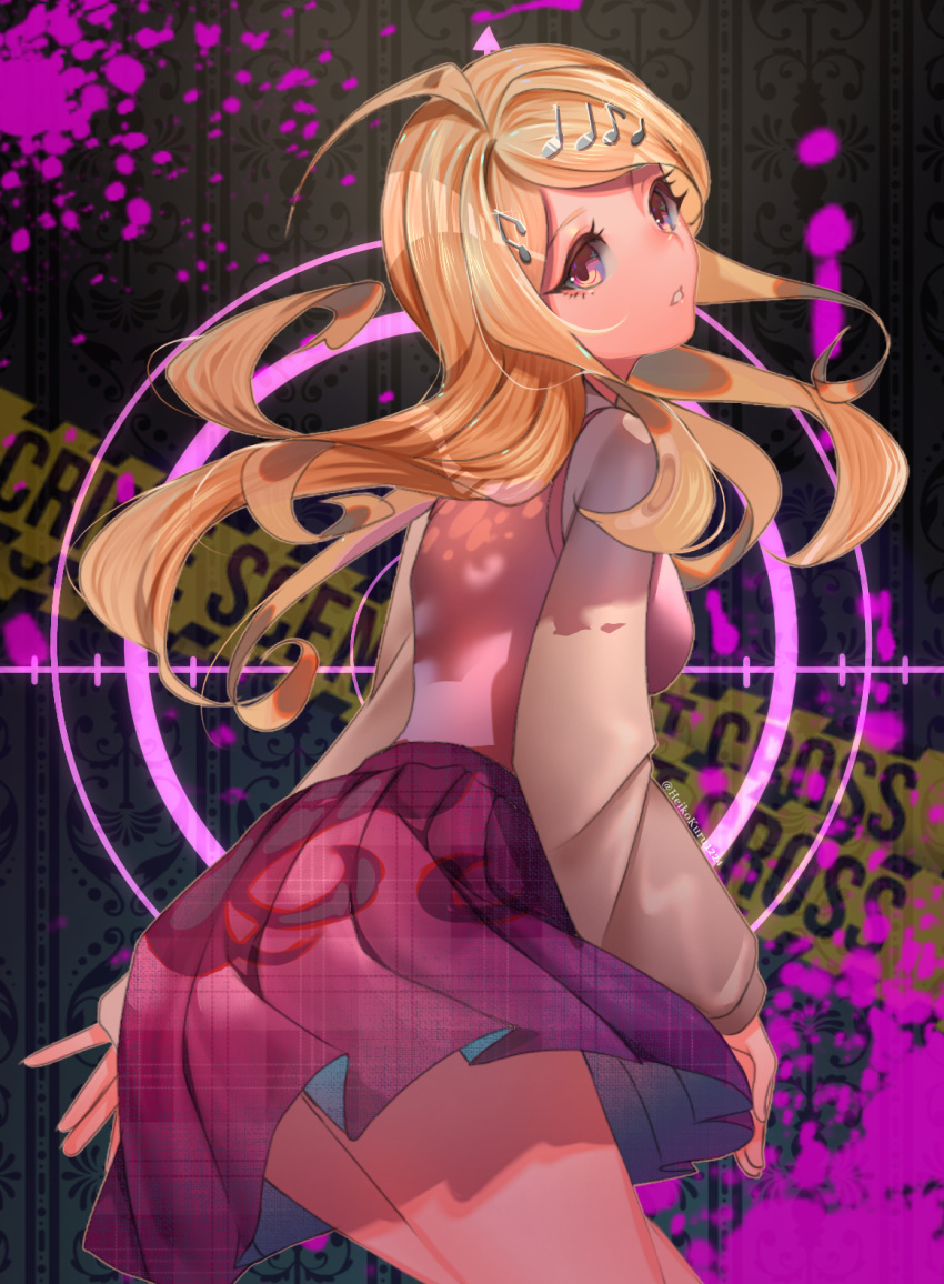 1girl akamatsu_kaede bangs blonde_hair cowboy_shot dangan_ronpa floating_hair from_behind head_tilt heikokuru1224 highres long_hair long_sleeves looking_at_viewer looking_back miniskirt musical_note_hair_ornament new_dangan_ronpa_v3 parted_lips pink_eyes pink_sweater plaid plaid_skirt pleated_skirt purple_skirt school_uniform shiny shiny_hair shirt skirt solo standing sweater sweater_vest swept_bangs very_long_hair white_shirt