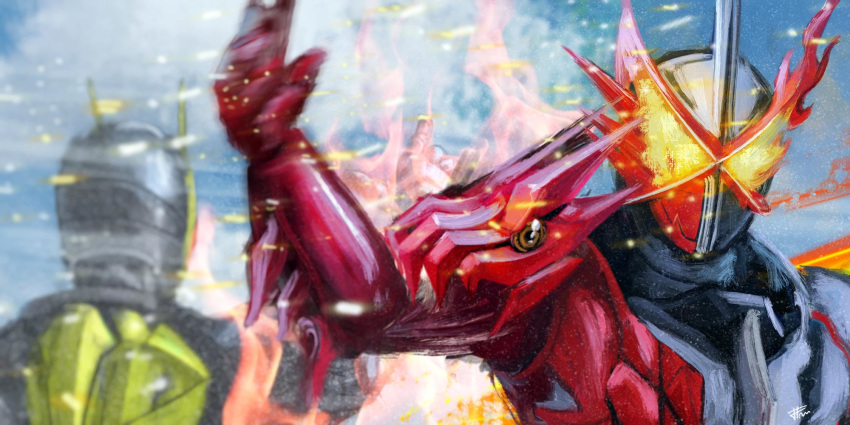 2boys armor close-up fire flaming_eyes hand_up highres kamen_rider kamen_rider_01_(series) kamen_rider_saber kamen_rider_saber_(series) kamen_rider_zero-one motion_blur multiple_boys open_hand solo_focus tokusatsu yygnzm