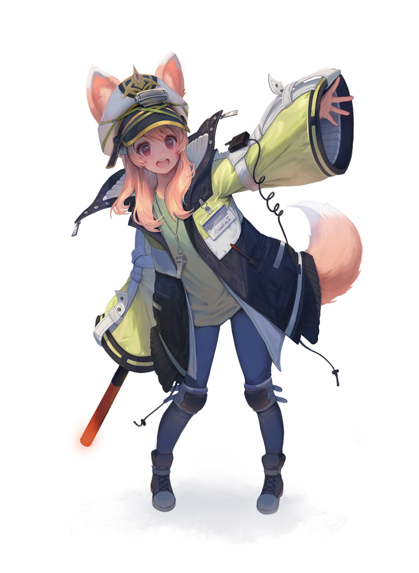 1girl animal_ears fox_ears fox_tail highres long_hair open_hand open_mouth original oversized_clothes pink_eyes pink_hair police rwael solo symbol_commentary tail waving white_background