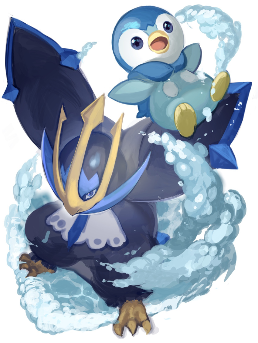 blue_eyes commentary_request empoleon gen_4_pokemon highres looking_at_viewer no_humans open_mouth outstretched_arms piplup pokemon pokemon_(creature) starter_pokemon tongue water yu_(mekeneko1998)