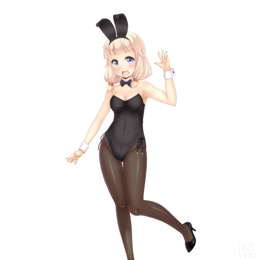 1girl absurdres animal_ears black_footwear black_legwear black_leotard black_neckwear blonde_hair blue_eyes bow bowtie bunny_girl bunnysuit detached_collar feet_out_of_frame fishnet_legwear fishnets hair_bobbles hair_ornament high_heels highres leotard long_hair looking_at_viewer new_game! open_mouth pantyhose rabbit_ears sainohikari sakura_nene simple_background smile solo standing strapless strapless_leotard twintails white_background wrist_cuffs