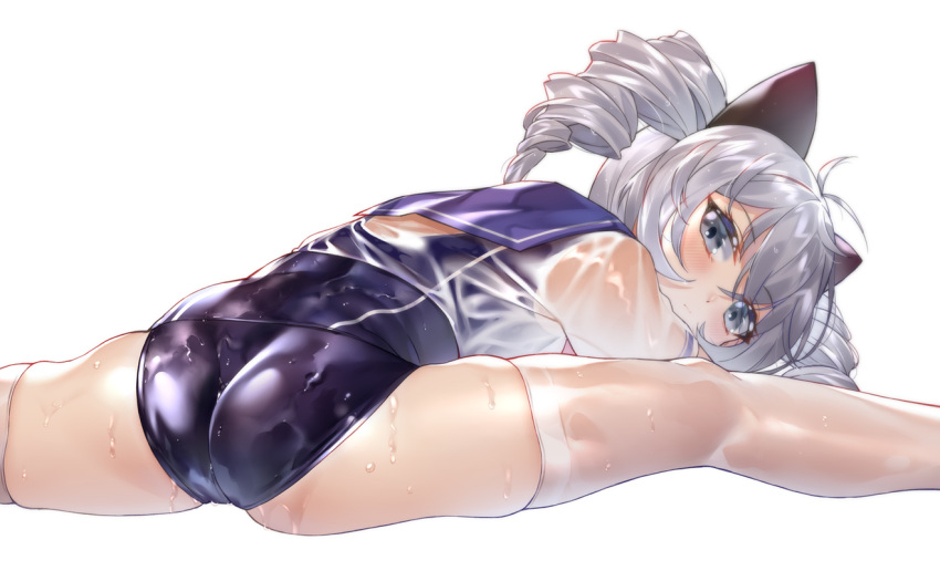 1girl animal_ears antenna_hair ass bangs blue_eyes blue_sailor_collar blush breasts bronya_zaychik cat_ears closed_mouth commentary crossed_bangs drill_hair eyebrows_visible_through_hair from_behind ginklaga grey_hair hair_between_eyes hair_ornament honkai_(series) honkai_impact_3rd long_hair looking_at_viewer looking_back one-piece_swimsuit sailor_collar school_uniform see-through serafuku shirt silver_hair simple_background skindentation solo split swimsuit swimsuit_under_clothes thigh-highs twin_drills wedgie wet wet_clothes white_background white_legwear white_shirt