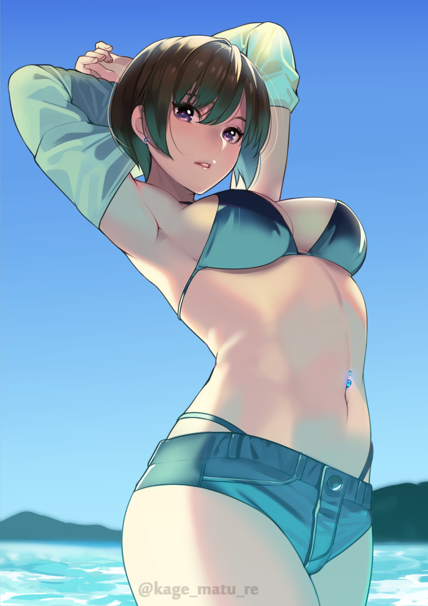 1girl absurdres armpits arms_up bikini black_hair blue_bikini blue_shorts breasts cowboy_shot day denim denim_shorts highleg highres kagematsuri looking_at_viewer medium_breasts micro_shorts navel navel_piercing original outdoors parted_lips piercing short_hair shorts sky solo stomach string_bikini swimsuit thighs undressing violet_eyes