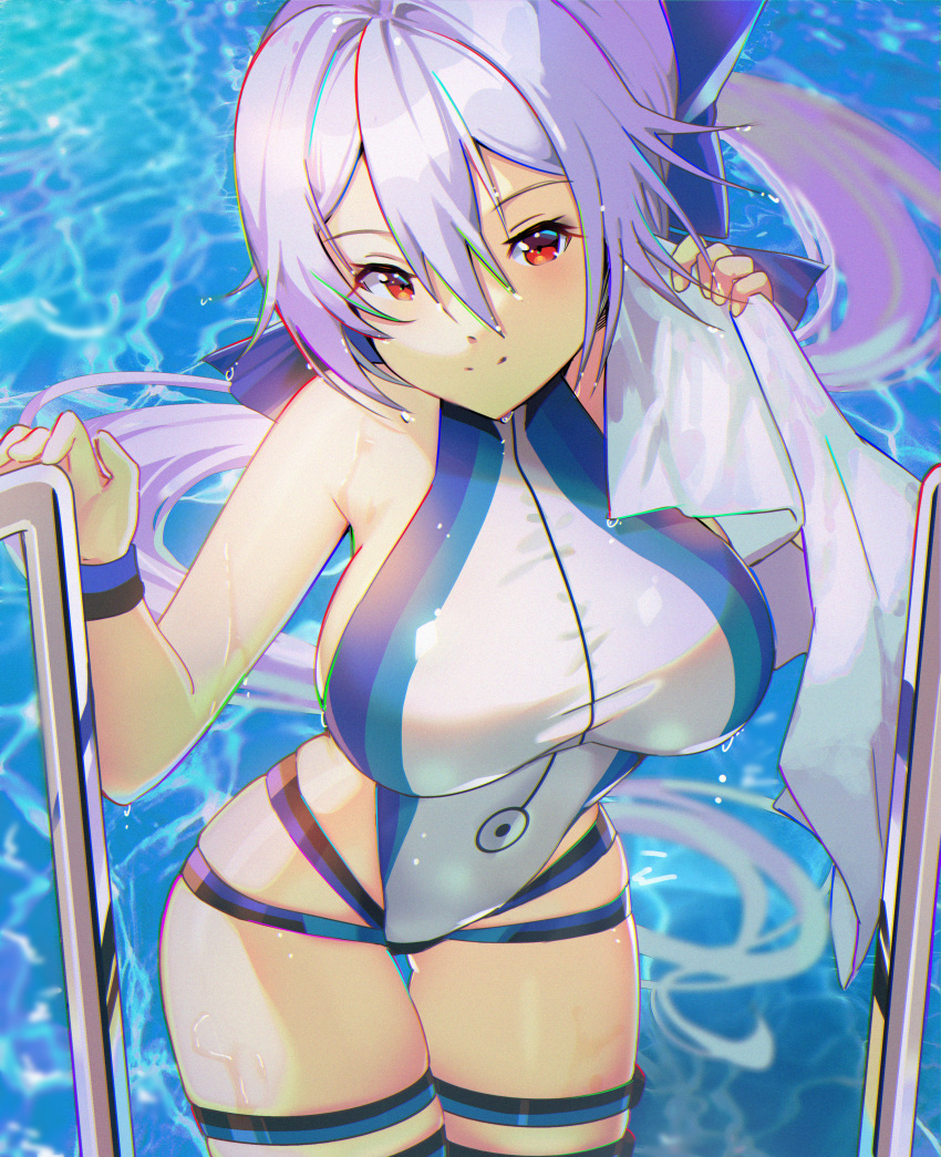 1girl absurdres bare_shoulders blue_bow blue_swimsuit bow breasts dai_nikucho fate/grand_order fate_(series) hair_between_eyes hair_bow highres holding holding_towel huge_filesize large_breasts light_smile long_hair looking_at_viewer multicolored multicolored_clothes multicolored_swimsuit one-piece_swimsuit ponytail pool red_eyes silver_hair solo swimsuit thigh_strap tomoe_gozen_(fate/grand_order) tomoe_gozen_(swimsuit_saber)_(fate) towel very_long_hair water white_swimsuit