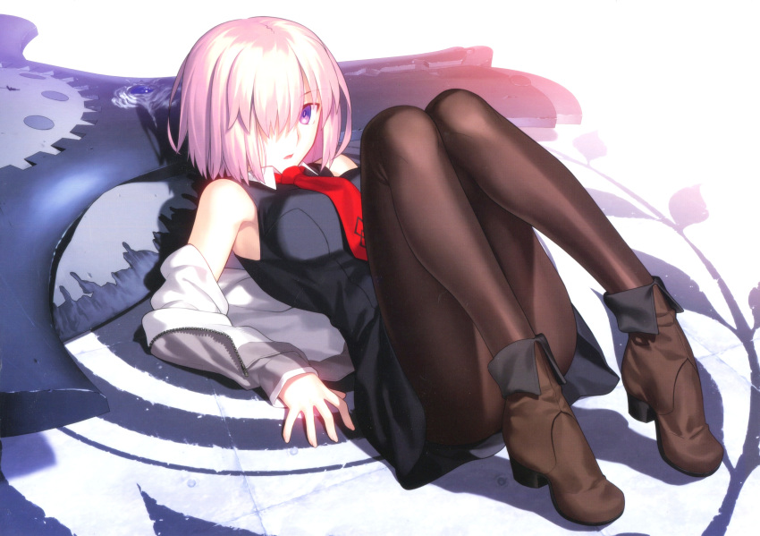 1girl absurdres ankle_boots bangs bare_shoulders black_dress black_footwear black_legwear boots breasts dress eyebrows_visible_through_hair fate/grand_order fate_(series) fingernails full_body hair_over_one_eye highres looking_at_viewer lying mash_kyrielight medium_breasts necktie on_back open_mouth pantyhose red_neckwear scan shadow short_dress short_hair silver_hair simple_background sleeveless sleeveless_dress solo takeuchi_takashi violet_eyes