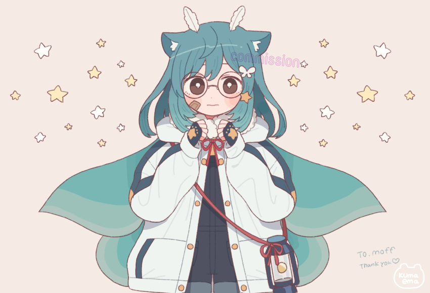 1girl aqua_hair bangs bright_pupils brown_eyes coat commission copyright_request cowboy_shot glasses hands_up heart highres long_hair long_sleeves looking_at_viewer nokanok round_eyewear signature simple_background skeb_commission solo star_(symbol) thank_you white_background white_feathers white_pupils