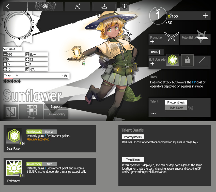 1girl absurdres arknights battery belt blonde_hair bracelet capelet dark_skin elbow_gloves english_text fake_screenshot gloves glowing green_shirt hat highres jewelry leaf monster_girl personification petals plant_girl plants_vs_zombies pompmaker1 pouch reaching_out shirt skirt smile solar_panel solo sun_hat thigh-highs toeless_legwear yellow_eyes zettai_ryouiki