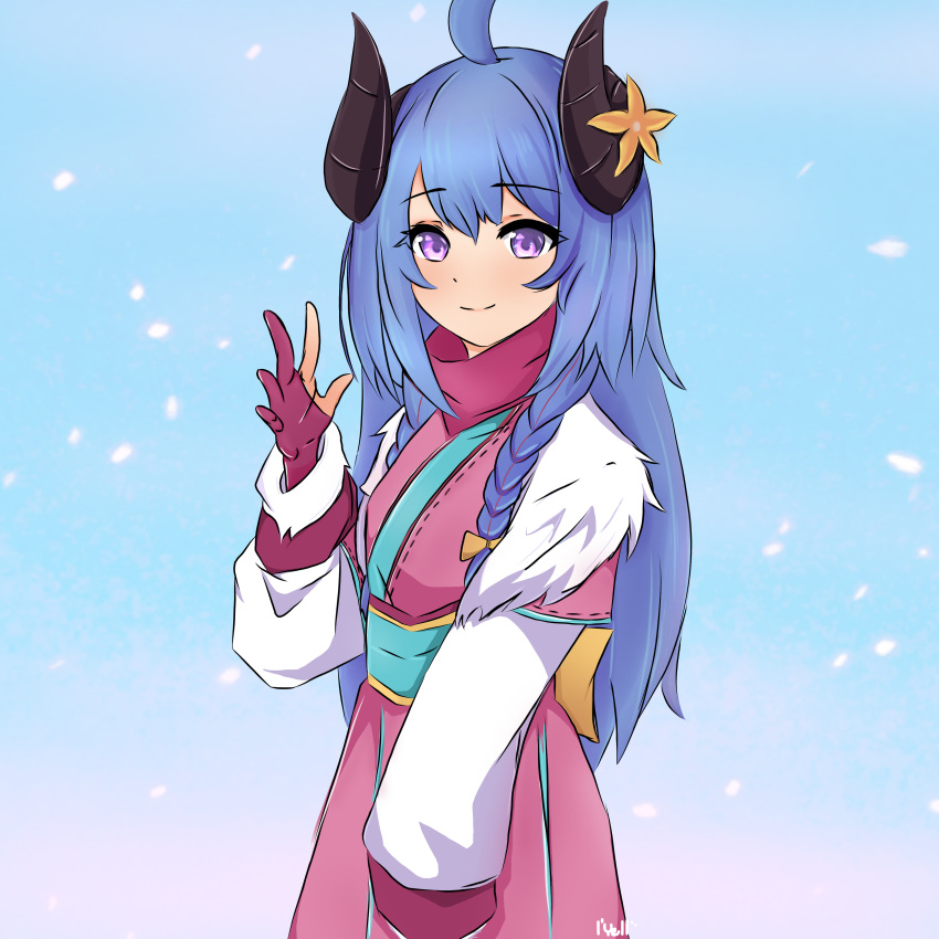 1girl absurdres ahoge alternate_costume alternate_eye_color alternate_hair_color alternate_hairstyle blue_hair curled_horns fingerless_gloves flower fur gloves hair_between_eyes hair_flower hair_ornament highres horns japanese_clothes kindred lamb_(league_of_legends) league_of_legends long_hair looking_at_viewer partly_fingerless_gloves ribbon simple_background smile spirit_blossom_kindred twintails user_cejc2328 violet_eyes waving_arms white_fur