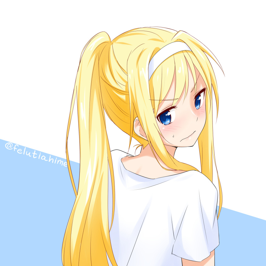 1girl alice_schuberg alternate_costume alternate_hairstyle bangs blonde_hair blue_background blue_eyes blush closed_mouth commentary_request eyebrows_visible_through_hair felutiahime from_behind frown hair_intakes hairband high_ponytail highres long_hair looking_at_viewer looking_back ponytail shiny shiny_hair shirt short_sleeves sidelocks solo sweatdrop swept_bangs sword_art_online sword_art_online:_alicization t-shirt twitter_username upper_body wavy_mouth white_background white_shirt