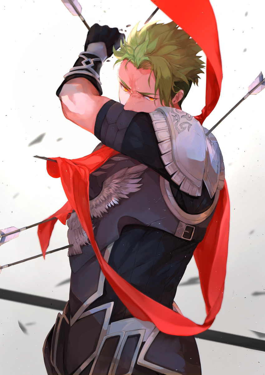 1boy absurdres achilles_(fate) arm_armor armor arrow_(projectile) arrow_in_body breastplate closed_mouth detached_sleeves fate/apocrypha fate/grand_order fate_(series) fighting_stance gradient_hair green_hair hair_over_one_eye highres holding holding_lance holding_polearm holding_weapon lance looking_at_viewer male_focus multicolored_hair one_eye_covered orange_sash pesso_fgo polearm sash shoulder_pads simple_background solo upper_body weapon white_background yellow_eyes