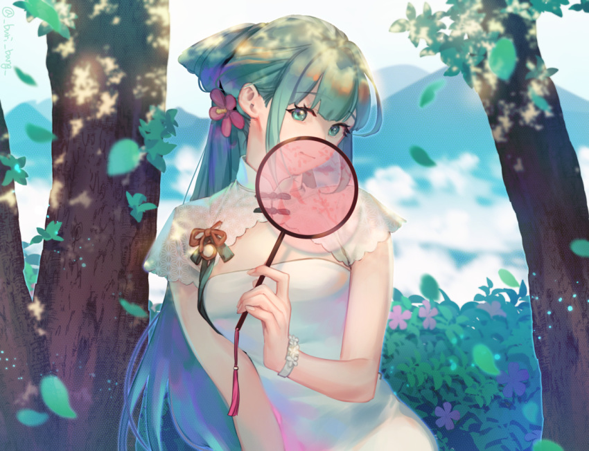 1girl alternate_hairstyle bangs bracelet breasts chinese_clothes covering_mouth dappled_sunlight day dolnamu eyelashes falling_leaves fan flower green_eyes green_hair green_ribbon hair_flower hair_ornament half_updo hatsune_miku holding holding_fan jewelry leaf leaning_to_the_side light_particles long_hair looking_at_viewer nature paper_fan ribbon short_sleeves sidelocks solo sunlight tassel transparent tree uchiwa upper_body vocaloid