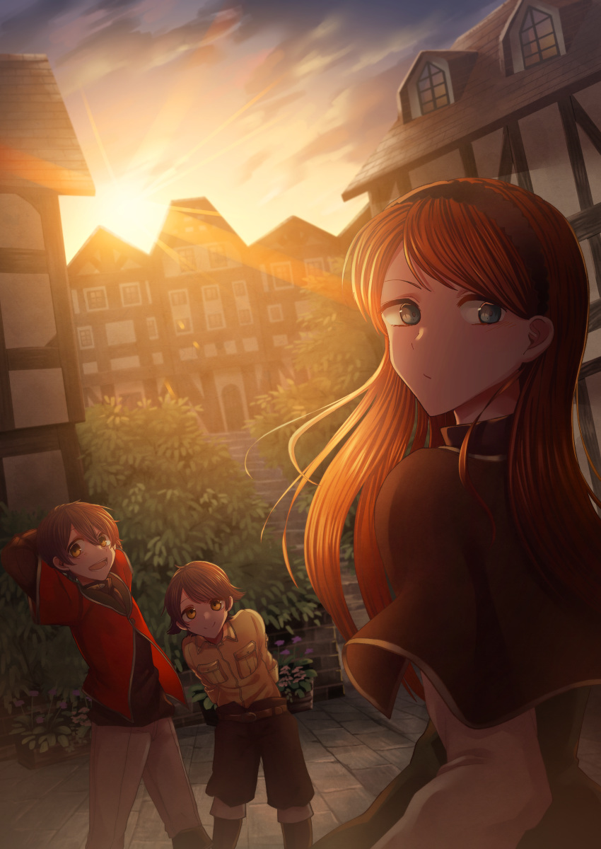 1girl 2boys :d absurdres arms_behind_head belt black_headband blue_eyes brown_hair brown_shorts building dutch_angle flower headband highres house huge_filesize looking_at_viewer looking_back multiple_boys open_mouth original pocket shorts smile standing sunlight sunrise yellow_eyes z_hiiragi