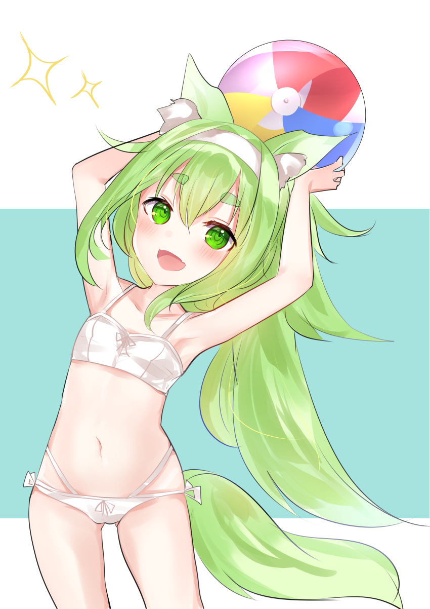 1girl :d absurdres animal_ear_fluff animal_ears armpits arms_up ass_visible_through_thighs azur_lane ball bangs bare_arms bare_shoulders beachball bikini blue_background blush breasts collarbone commentary_request eyebrows_visible_through_hair green_eyes green_hair hair_between_eyes hairband highres holding holding_ball isokaze_(azur_lane) long_hair natsu_(sinker8c) navel open_mouth small_breasts smile solo sparkle standing swimsuit tail thick_eyebrows two-tone_background very_long_hair white_background white_bikini white_hairband