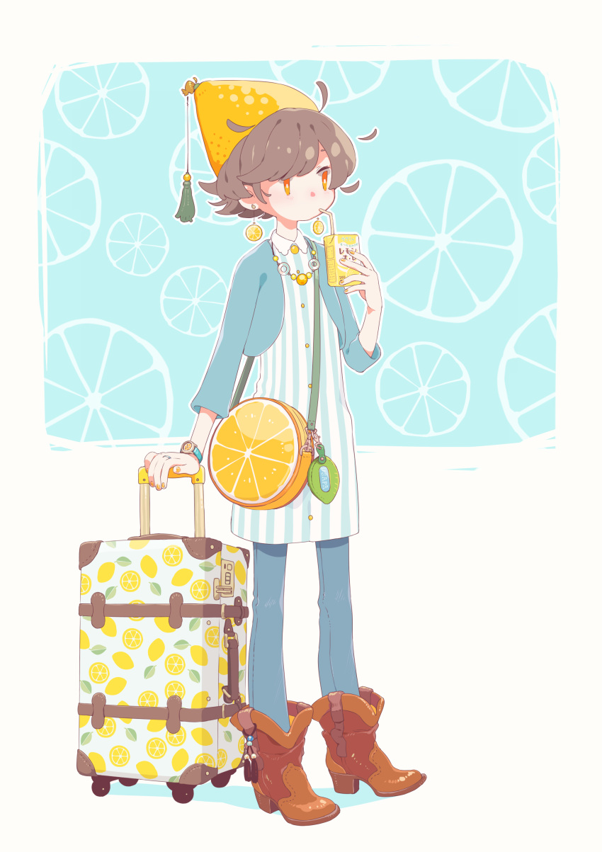 1girl absurdres bag blue_jacket boots brown_hair collared_shirt commentary_request cowboy_boots cropped_jacket denim drinking earrings food food_themed_earrings fruit fruit_hat full_body highres holding jacket jeans jewelry juice_box lemon lemon_earrings lemon_print necklace original outline pants ring rolling_suitcase shirt short_hair shoulder_bag solo sorata123 standing striped striped_shirt tassel two-tone_background vertical_stripes watch watch white_outline yellow_eyes yellow_nails