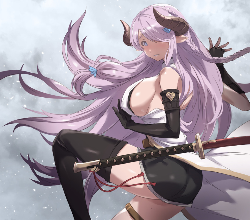 1girl akira_(coffee_curry) ass asymmetrical_gloves bangs black_dress black_gloves black_legwear blue_eyes blush braid breasts draph dress elbow_gloves gloves granblue_fantasy hair_ornament hair_over_one_eye highres horns katana large_breasts lavender_hair long_hair looking_at_viewer low_tied_hair narmaya_(granblue_fantasy) pointy_ears revision short_dress sidelocks single_braid single_thighhigh sleeveless sword thigh-highs thighs vest weapon white_vest