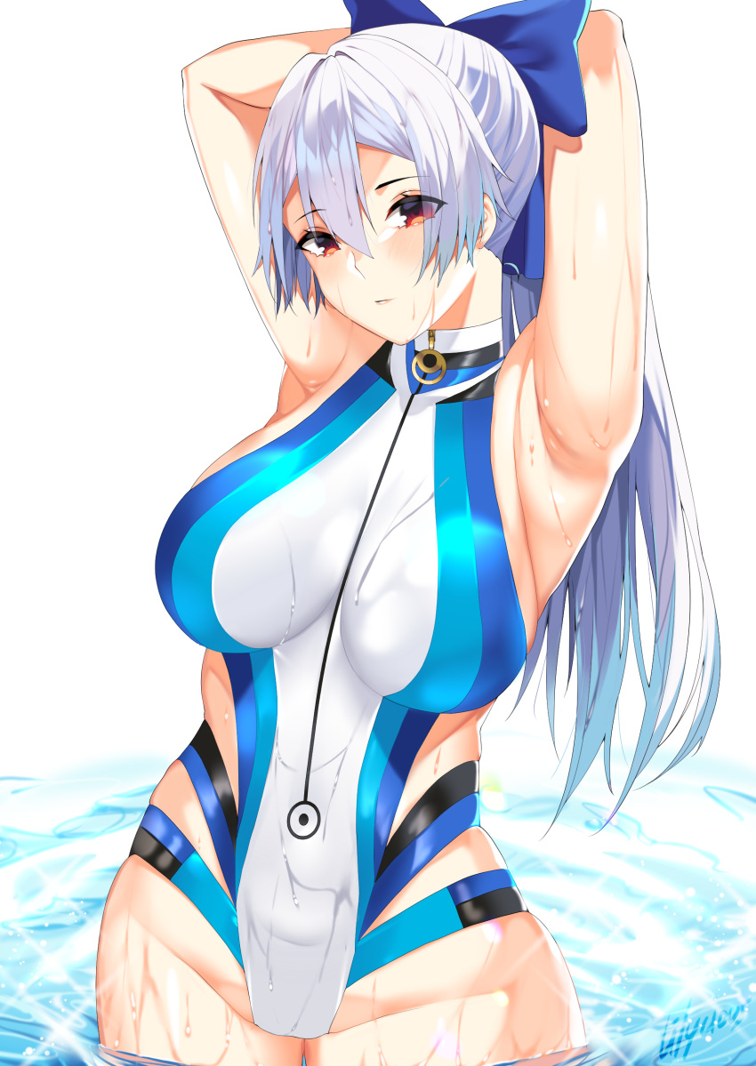 1girl absurdres armpits arms_behind_head arms_up blue_bow blue_swimsuit blush bow competition_swimsuit fate/grand_order fate_(series) hair_between_eyes hair_bow hair_ornament highleg highleg_swimsuit highres lilycious long_hair looking_at_viewer multicolored multicolored_clothes multicolored_swimsuit one-piece_swimsuit partially_submerged red_eyes signature silver_hair solo swimsuit tomoe_gozen_(fate/grand_order) tomoe_gozen_(swimsuit_saber)_(fate) very_long_hair water white_swimsuit