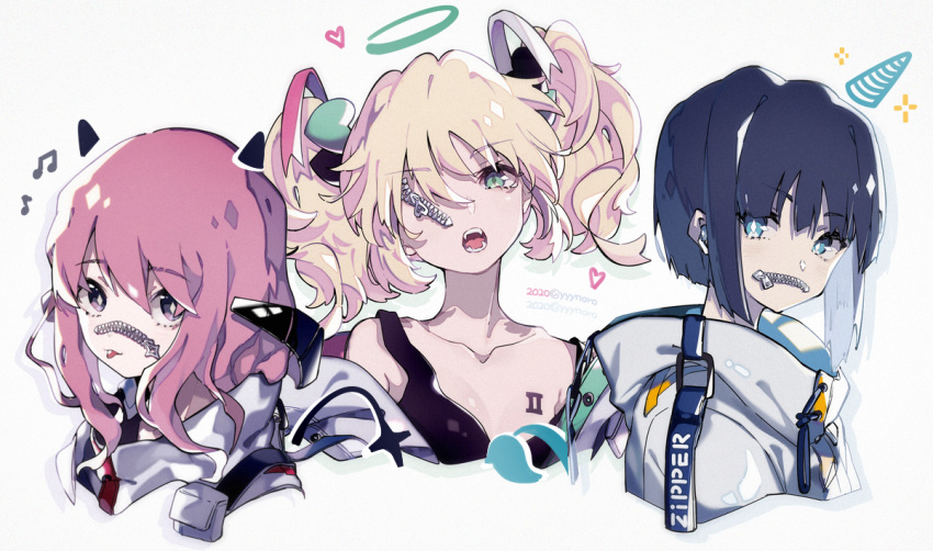 3girls artist_name bangs bare_shoulders blonde_hair blue_eyes blue_hair blunt_bangs breasts captain_yue collarbone cropped_shoulders eyebrows_visible_through_hair face fangs from_side green_eyes hair_between_eyes hair_ornament heart heart_hair_ornament hood hood_down jacket long_hair looking_at_viewer medium_hair missing_eye multiple_girls no_mouth no_nose off_shoulder open_mouth original pink_hair sharp_teeth shirt short_hair simple_background small_breasts solo striped tank_top tattoo teeth tongue tongue_out twintails twitter_username upper_body white_background white_jacket zipper zipper_pull_tab