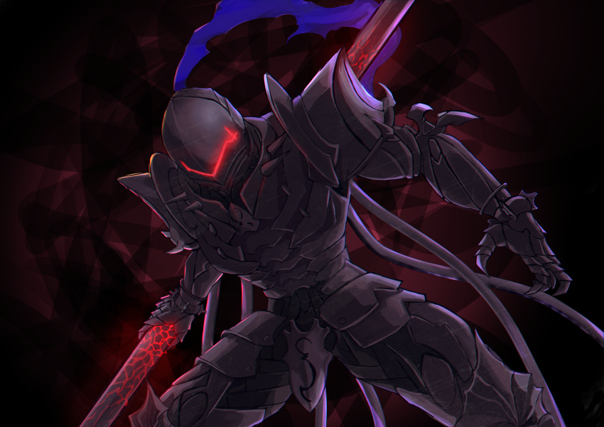 1boy absurdres armor armored_boots arondight berserker_(fate/zero) black_armor boots fate/grand_order fate/zero fate_(series) full_armor gauntlets helmet highres holding holding_weapon knight lancelot_(fate/zero) looking_at_viewer male_focus ootato shoulder_armor solo spaulders standing weapon