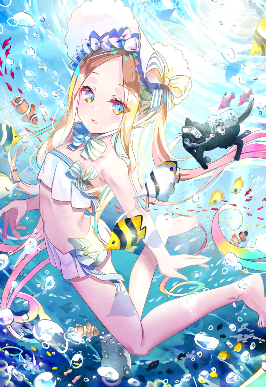 1girl abigail_williams_(fate/grand_order) abigail_williams_(swimsuit_foreigner)_(fate) bangs bare_shoulders bikini black_cat blonde_hair blue_eyes blush bonnet bow breasts cat fate/grand_order fate_(series) fish forehead hair_bow highres legs long_hair looking_at_viewer miniskirt navel ocean open_mouth parted_bangs sho_(runatic_moon) sidelocks skirt small_breasts smile swimming swimsuit twintails underwater very_long_hair white_bikini white_bow white_headwear