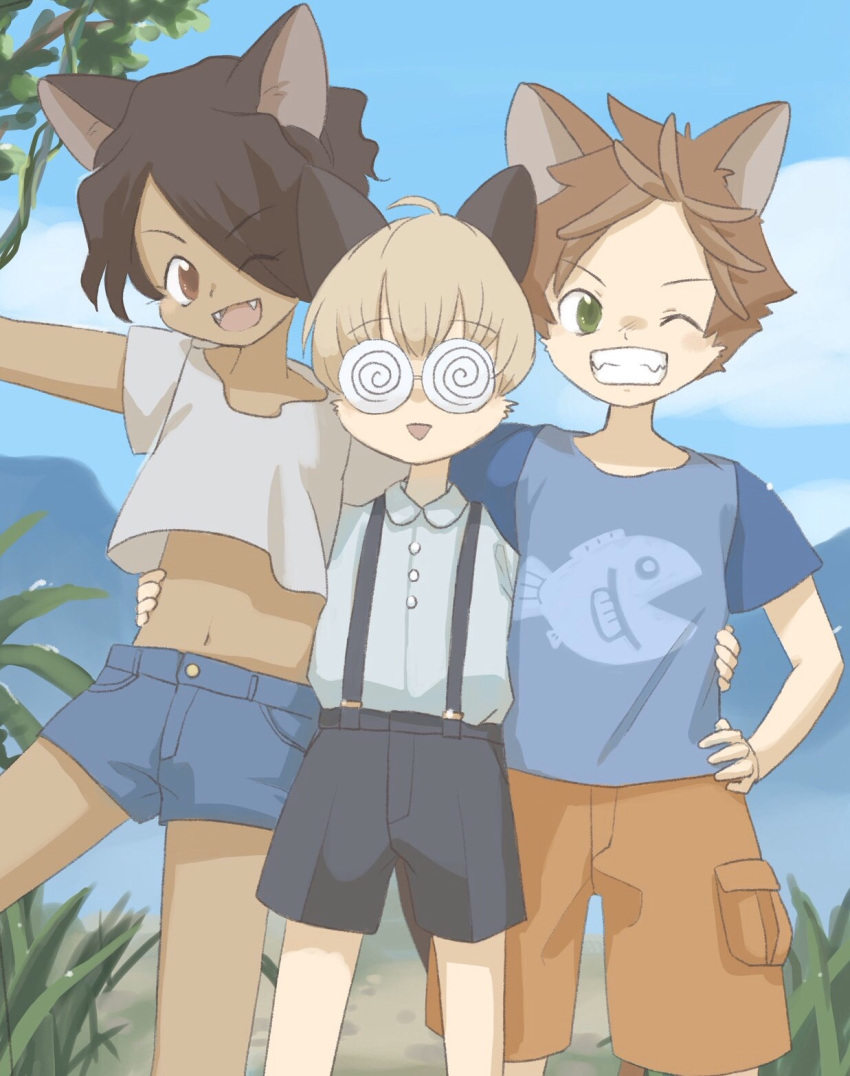 3boys :&gt; @_@ ahoge animal_ears bangs blonde_hair blush brown_eyes brown_hair cat_boy cat_ears coke-bottle_glasses crop_top day denim denim_shorts eyebrows_visible_through_hair eyes_visible_through_hair fangs glasses green_eyes hair_over_one_eye highres k_miminsky male_focus midriff midriff_peek multiple_boys navel one_eye_closed opaque_glasses open_mouth original outdoors short_shorts shorts sky smile suspender_shorts suspenders