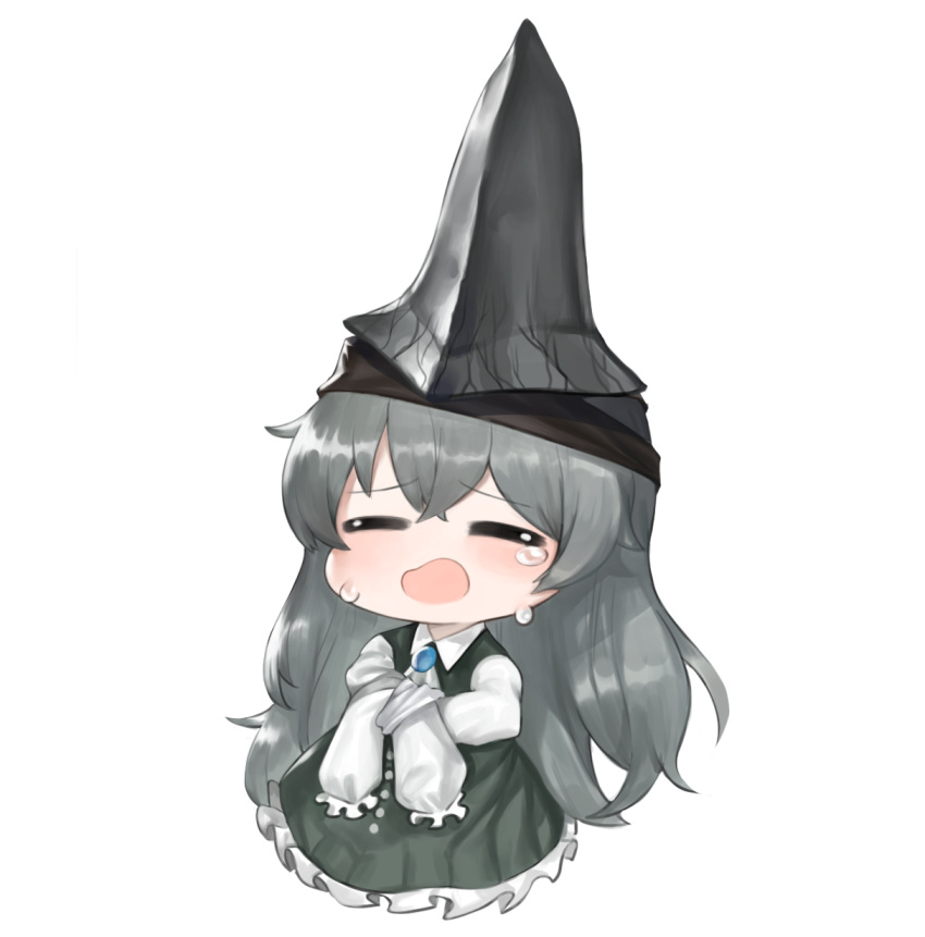 1girl =_= bangs blush chibi closed_eyes collared_dress commentary_request crying dokomon dress eyebrows_visible_through_hair facing_viewer frilled_dress frilled_sleeves frills full_body g11_(girls_frontline) girls_frontline green_dress grey_hair grey_headwear hair_between_eyes hat highres korean_commentary long_hair long_sleeves open_mouth simple_background sleeveless sleeveless_dress sleeves_past_fingers sleeves_past_wrists solo tears tied_sleeves very_long_hair wavy_mouth white_background