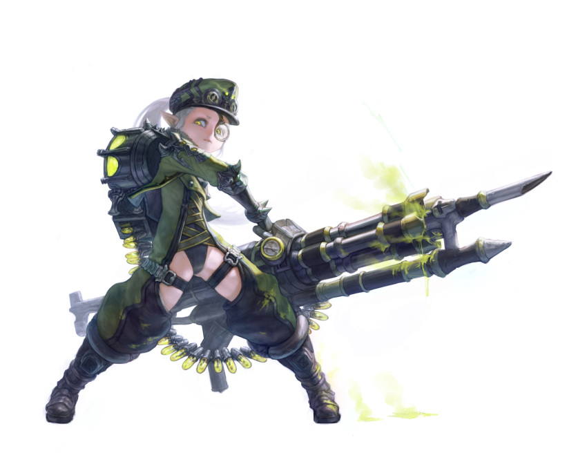 1girl absurdres agoto armor black_leotard boots closed_mouth dripping glowing green_headwear gun hat highres holding holding_gun holding_weapon leotard long_hair original pauldrons pointy_ears poison ponytail shoulder_armor simple_background single_pauldron solo spikes standing steam vambraces vial weapon white_background white_hair yellow_eyes