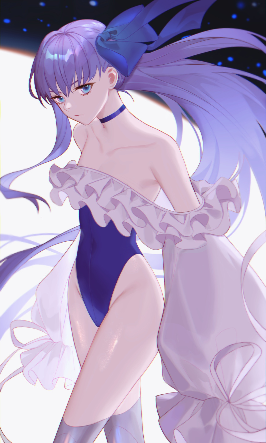 1girl absurdres bangs bare_shoulders blue_choker blue_eyes blue_ribbon blue_swimsuit blush breasts choker closed_mouth collarbone commentary fate/grand_order fate_(series) flat_chest floating_hair frills frown groin hair_between_eyes hair_ribbon highleg highleg_swimsuit highres jesse_(pixiv34586727) long_hair long_sleeves looking_at_viewer meltryllis meltryllis_(swimsuit_lancer)_(fate) puffy_sleeves purple_hair ribbon sleeves_past_fingers sleeves_past_wrists smile solo swimsuit thighs very_long_hair