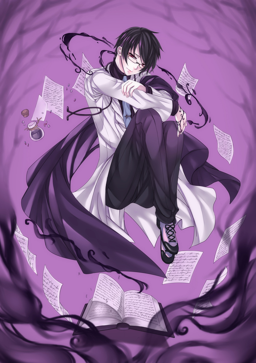 1boy black-framed_eyewear black_hair black_pants black_scarf brown_eyes crossed_arms full_body glasses highres ink labcoat leg_hug original pants paper purple_background scarf sitting solo stethoscope touya_yuki