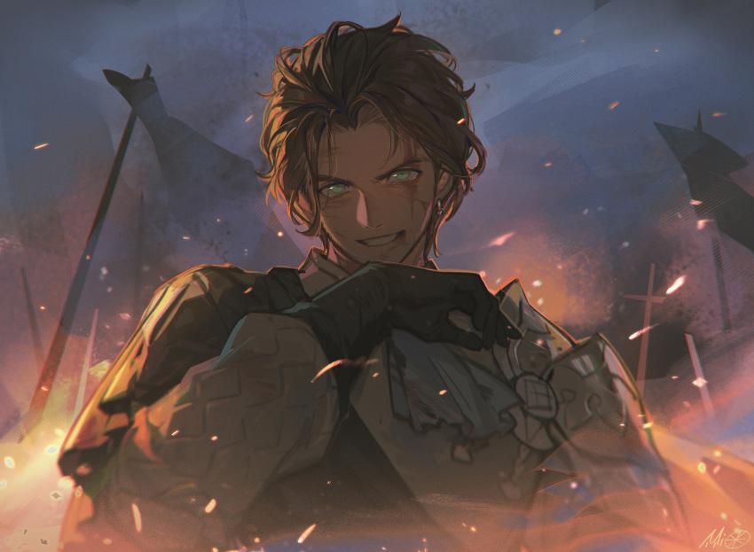 1boy alzi_xiaomi armor battlefield black_gloves blood blood_on_face brown_hair claude_von_riegan commentary_request cravat dark_skin dark_skinned_male earrings fire fire_emblem fire_emblem:_three_houses flag gloves green_eyes grin hand_up highres injury jewelry long_sleeves looking_at_viewer male_focus pauldrons sash shoulder_armor smile smoke solo upper_body