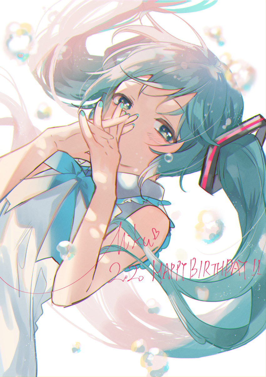 1girl absurdres aqua_eyes aqua_hair aqua_nails blue_neckwear blue_ribbon blush character_name commentary_request dated happy_birthday hatsune_miku highres huge_filesize long_hair looking_at_viewer nail_polish omutatsu ribbon simple_background sleeveless solo twintails vocaloid white_background