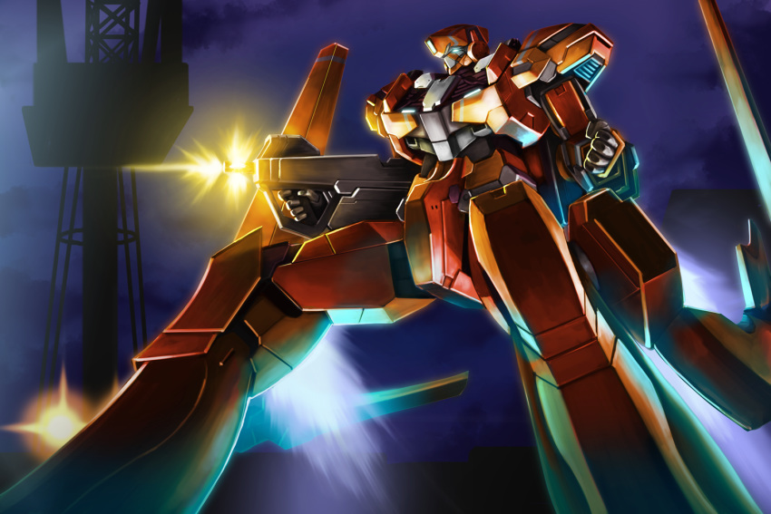 aldnoah.zero clenched_hand firing glowing glowing_eyes green_eyes gun holding holding_gun holding_weapon kg-6_sleipnir mecha night night_sky no_humans sky solo souto_(0401) standing weapon